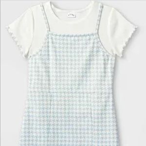 Girls Blue & White Herringbone Print Cotton Dress Jumper - size Large